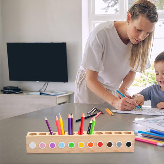 Wooden Pencil Holder Organizer with 11 Holes, Natural Wood Desk Storage for Pens, Brushes, Markers and Makeup Tools
