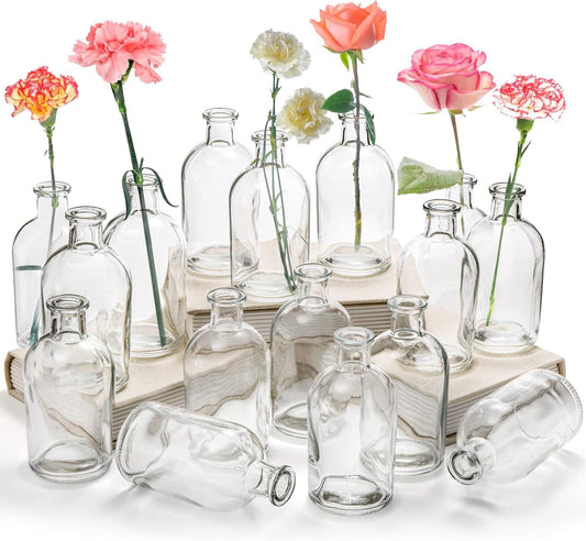 YOUEON 16 Pack Living Bud Vases, Clear Glass Flower Vase, 8 Oz Decorative Glass Bottles, Glass Vase, Centerpiece for Home Decor Centerpieces, Office Table Decor, Wedding Reception, Vintage Look