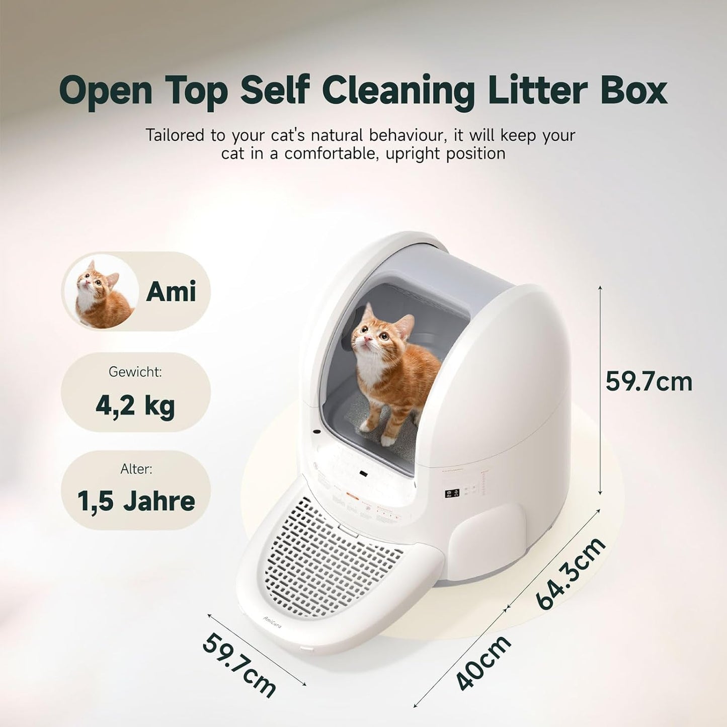Amicura Automatic Cat Litter Box, Self Cleaning, 360-Degree Detection Smart Anti-Pinch, App Control, Odor-Proof, 65L Extra Large Open-top Cat Litter Box, Ultra Quiet Cat Toilet