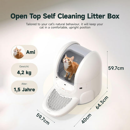 Amicura Automatic Cat Litter Box, Self Cleaning, 360-Degree Detection Smart Anti-Pinch, App Control, Odor-Proof, 65L Extra Large Open-top Cat Litter Box, Ultra Quiet Cat Toilet
