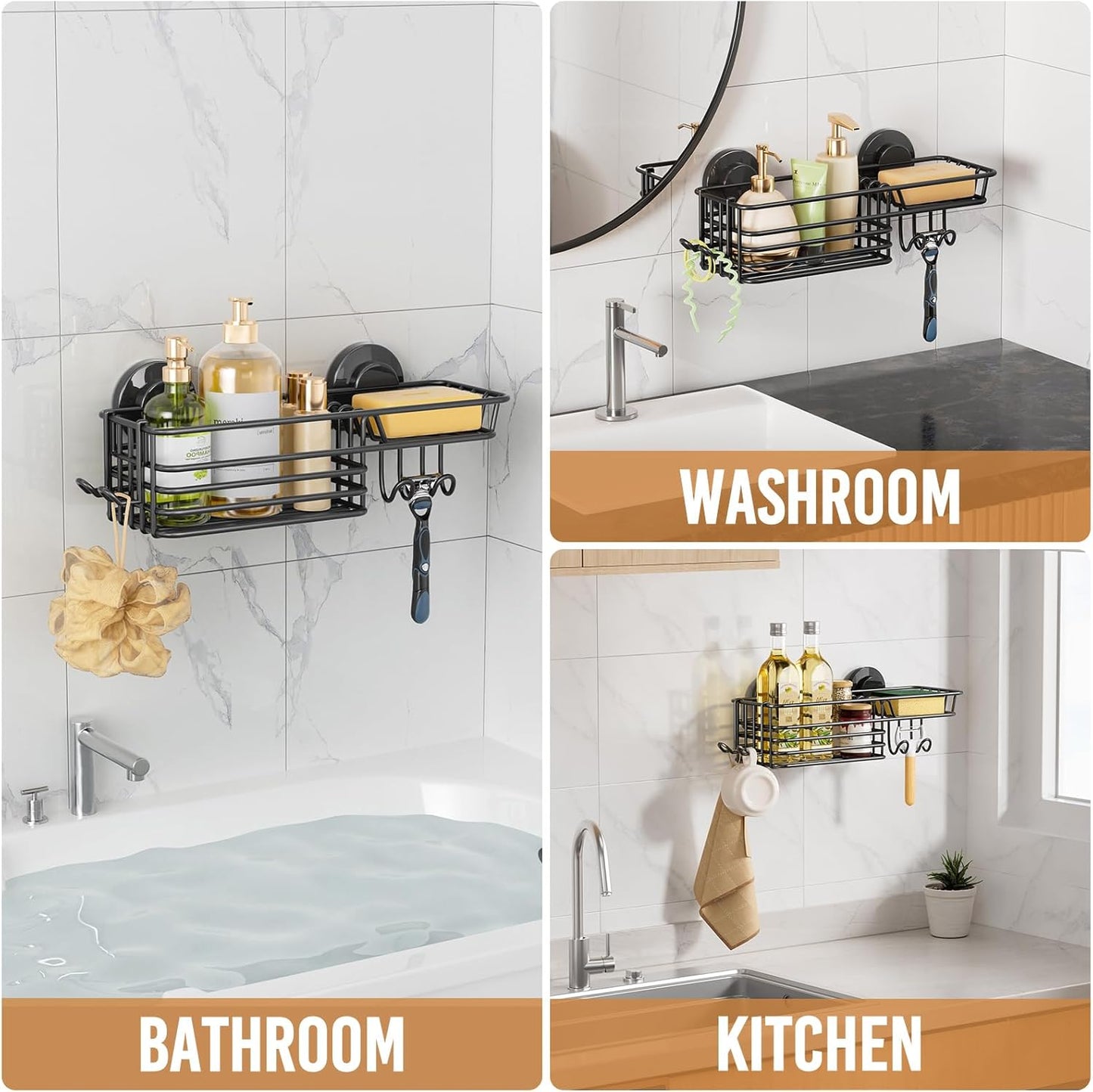 LEVERLOC Shower Caddy Suction Cup, 2 Pack Black Shower Shelf with Hooks and Soap Holder, NO-Drilling Bathroom Organizer, Rustproof Metal Bathroom Storage and Organization