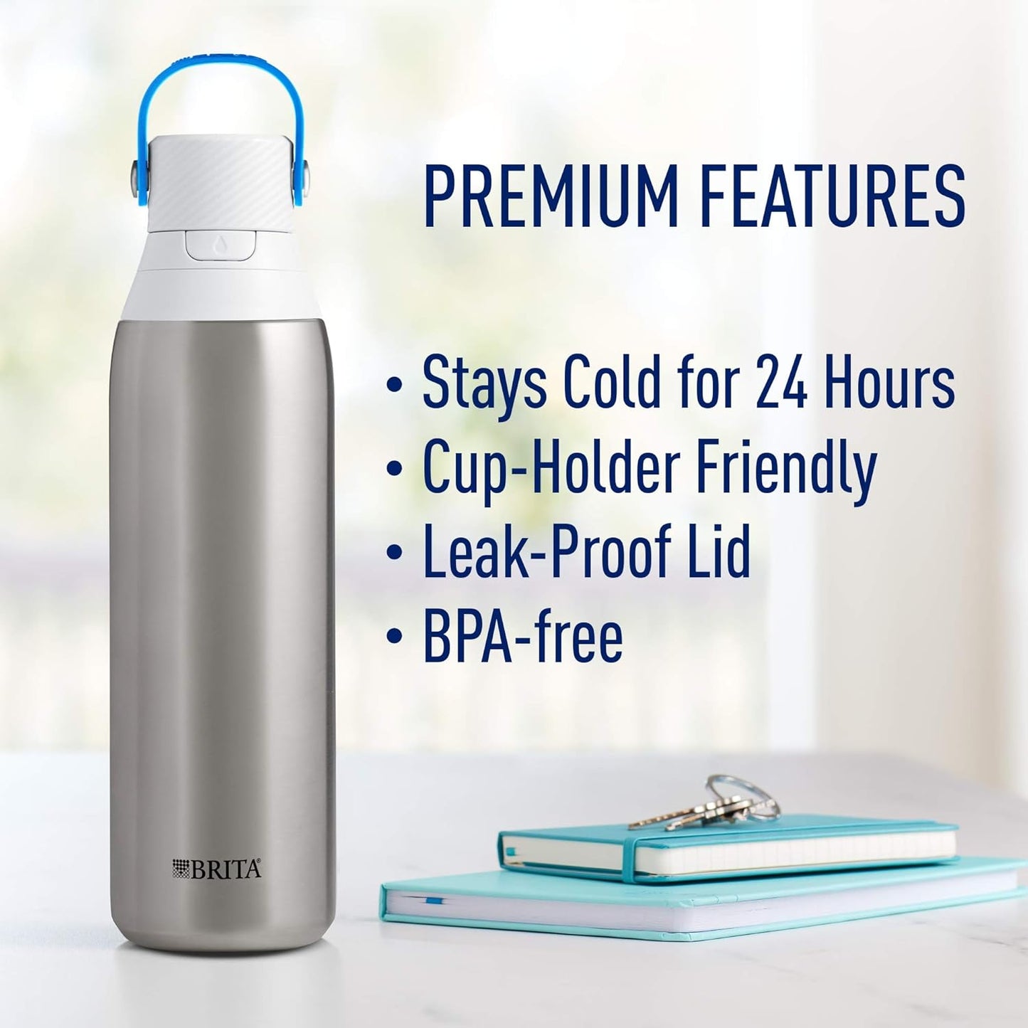 BRITA Stainless Steel Water Bottle with Filter, 591 mL Premium Double Insulated Water Bottle, Rose