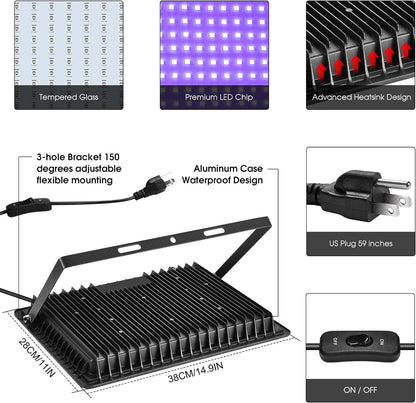 YANYCN 4 Pack 400W LED Black Light,Black Flood Light Outdoor with Plug and Switch, IP66 Waterproof 395nm to 405nm LED UV Blacklight Neon Glow for Glow Party, Halloween, Fluorescent Poster, Body Paint