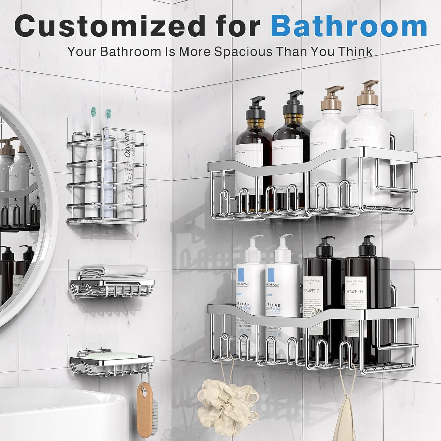 EUDELE 5-Pack Rustproof Stainless Steel Shower Caddy – No Drill Adhesive Bathroom Organizer with Large Capacity, Spacious Shower Shelves for Inside Shower, Kitchen & Home Decor Storage