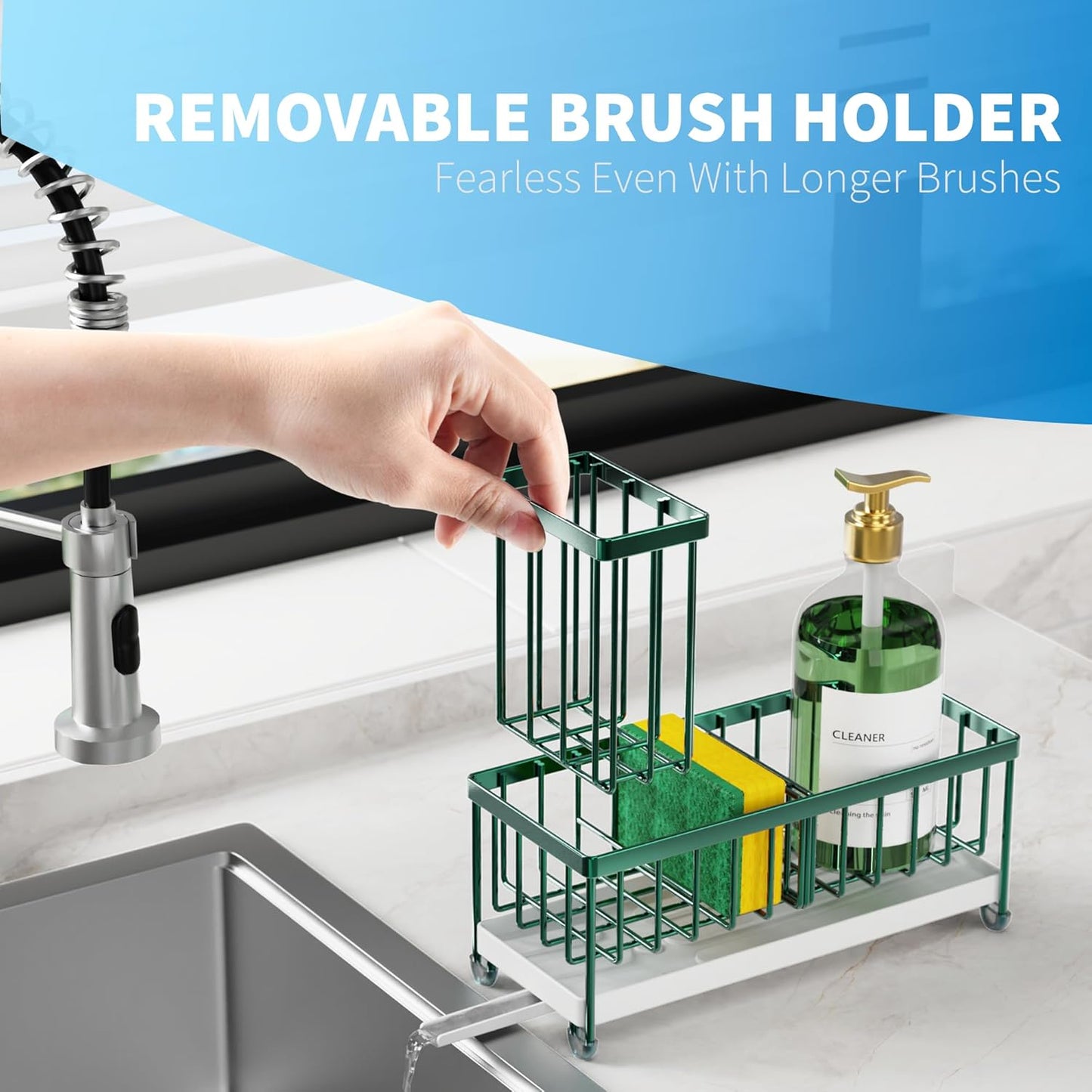 Cisily Sponge Holder for Kitchen Sink, Sink Caddy with High Brush Holder, Organzier Rustproof 304 Stainless Steel Dish Organizer Divider, Soap Dispenser Storage (Black)