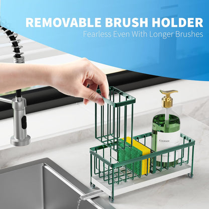 Cisily Sponge Holder for Kitchen Sink, Sink Caddy with High Brush Holder, Organzier Rustproof 304 Stainless Steel Dish Organizer Divider, Soap Dispenser Storage (Black)