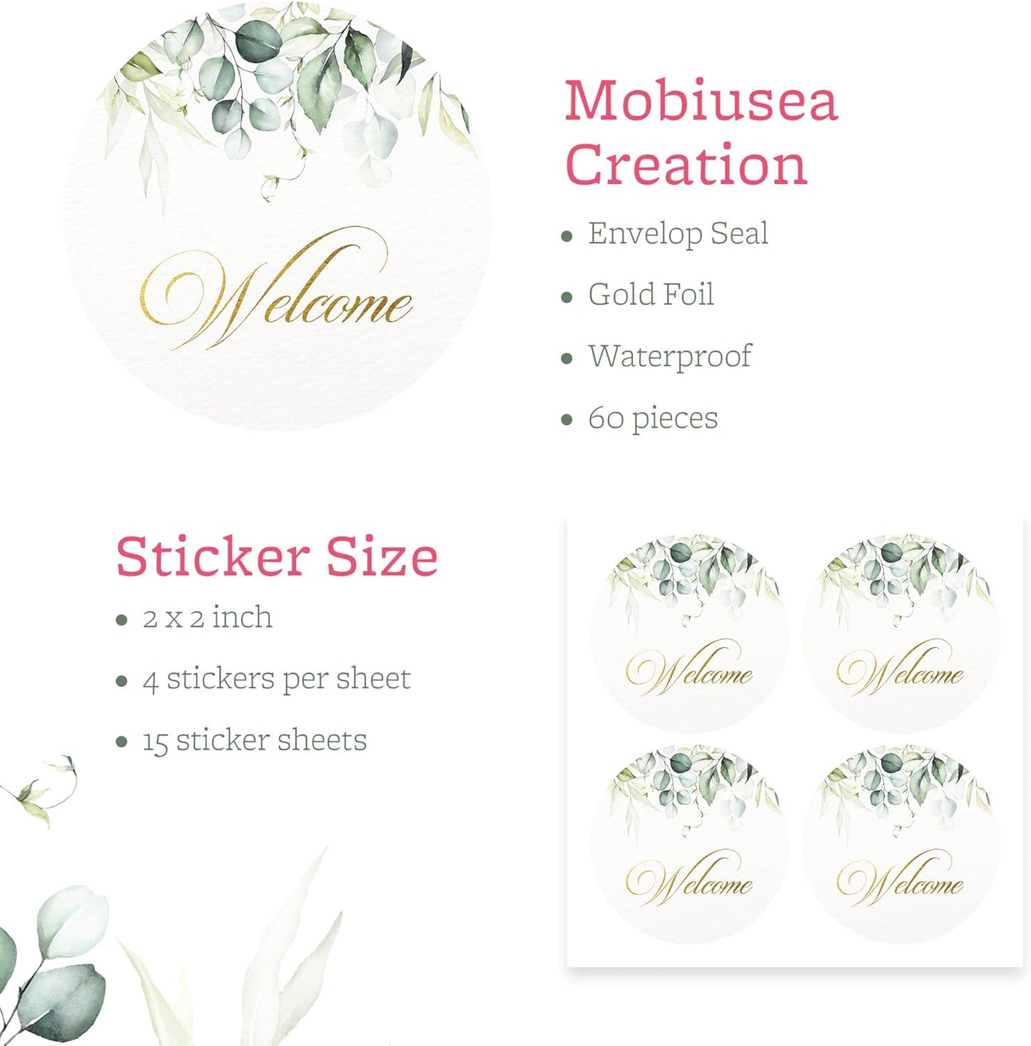 Mobiusea Creation Welcome Stickers | 2 inch | Gold Foil | 60pcs Waterproof Greenery Welcome Bag Stickers for Wedding, Bridal Shower, Birthday, Baby Shower, Party Gift Bags