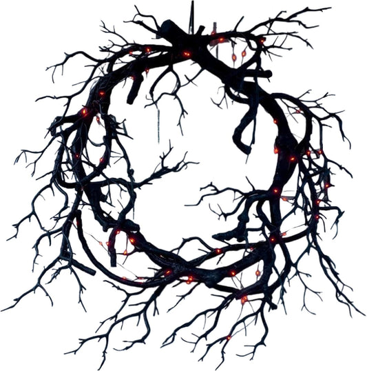 Halloween Wreath for Front Door Black Branch Halloween Wreath with Red Light 43cm Artificial Hanging Spooky Twig Door Wreath for Halloween Party Home Indoor Outdoor Decorations(with Light)