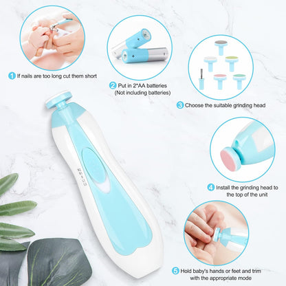 Qunlions life Electric Nail File Drill for Baby, No Sharp Claws Hurt, 6 in 1 Safety Cutter Trimmer Clipper for Toes and Fingers (Blue)