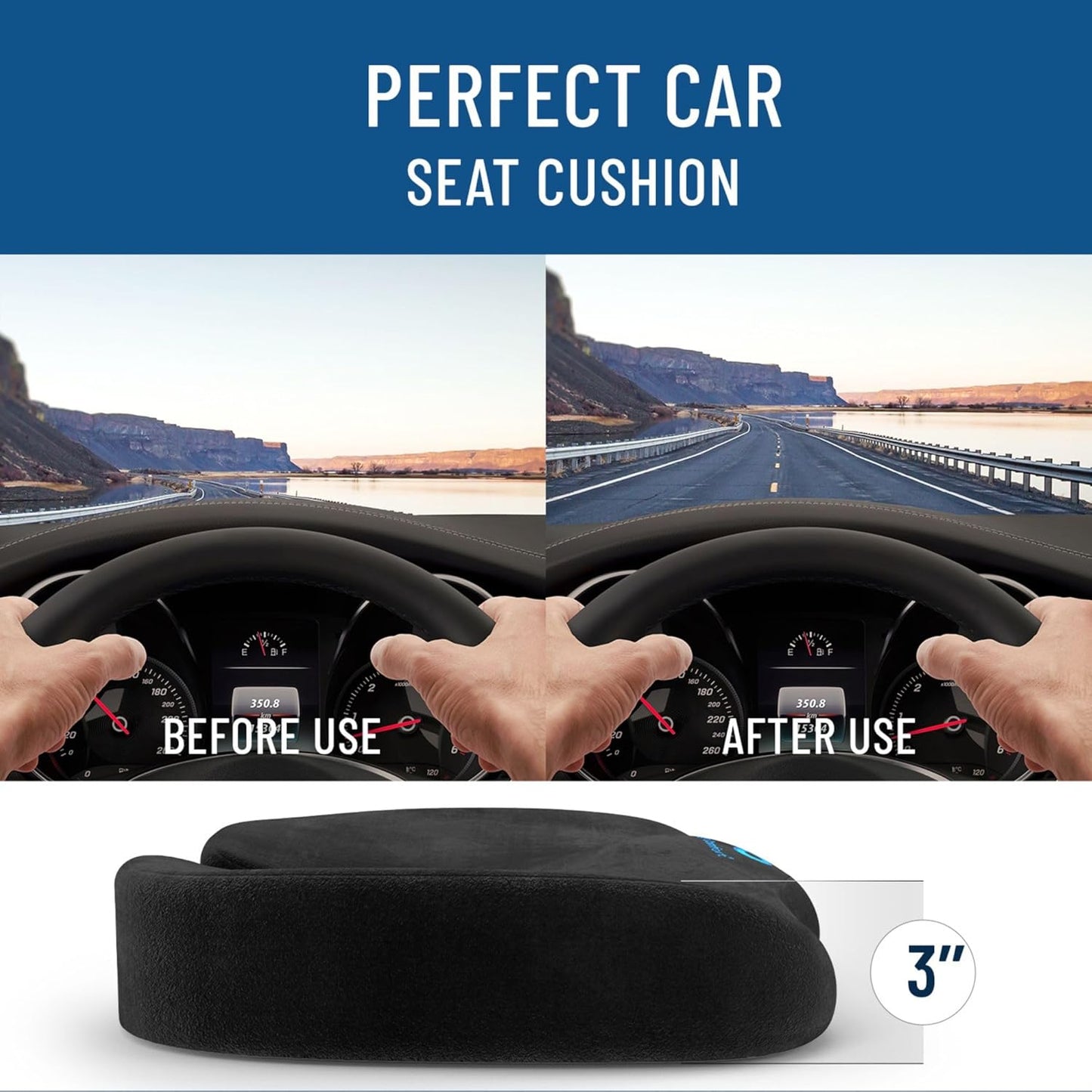 Everlasting Comfort Memory Foam Seat Cushion - Office Chair Cushion for Work, Travel, Car Support Pillow for Driving - Portable Seat for Chairs and Desks - Coussin Chaise - Black