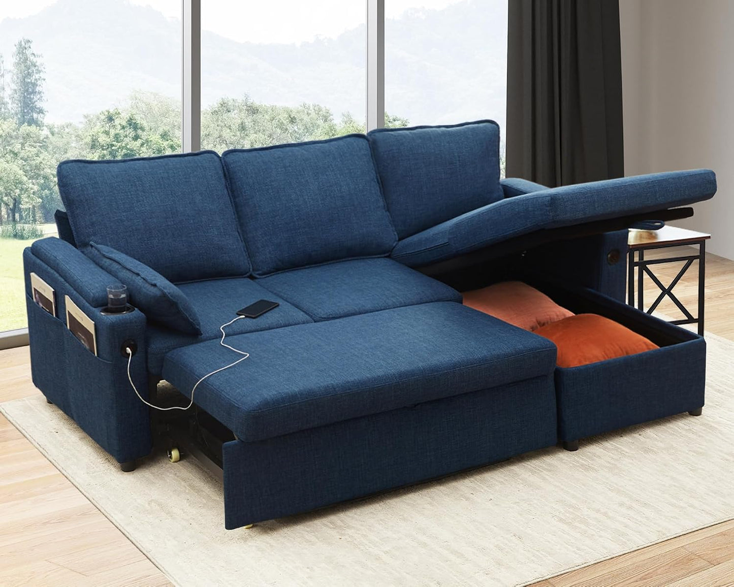 DURASPACE Sofa Bed Sleeper Pull Out 2 in 1 Sectional Sleeper Sofa Couches with Storage,USB, Cup Holder,Pullout Sectional Couches for Apartment Living Room (Dark Gray Linen)