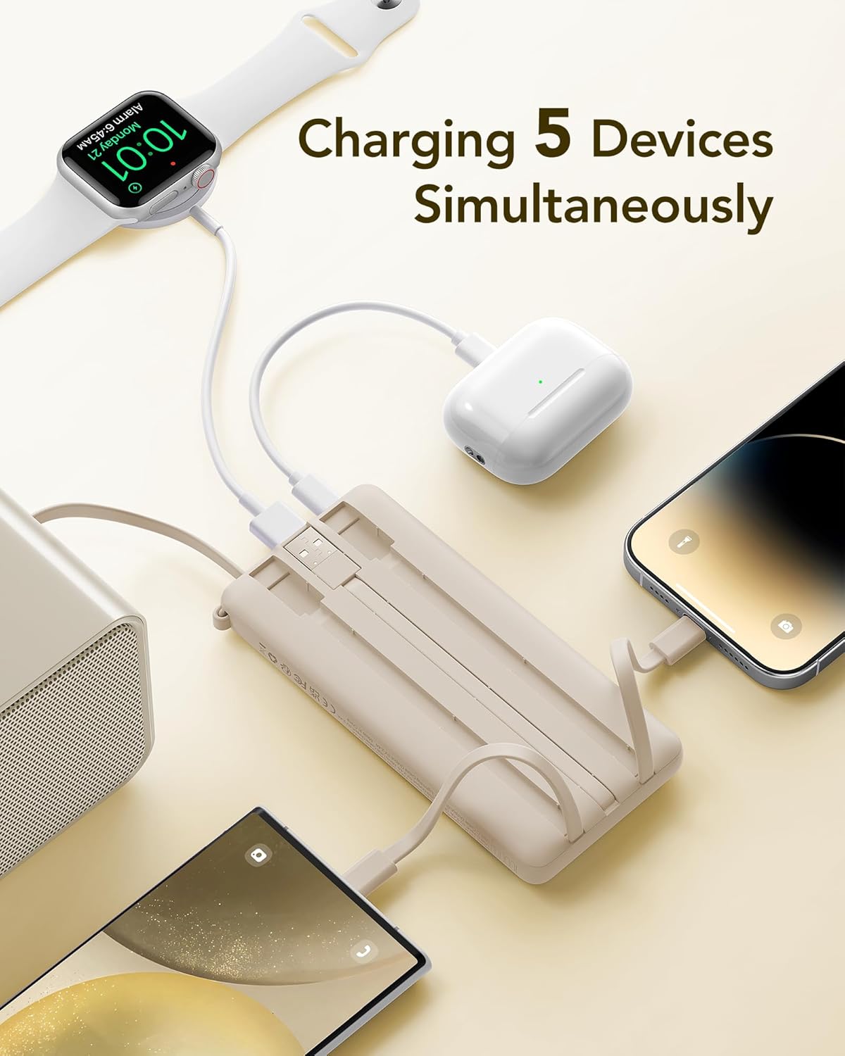 VRURC 10000mAh Power Bank Built-in Cables, Portable Charger with LED Display, Slim Intelligent Travel Battery Pack with Cords, 5 Output Dual Input Phone Charger for Cell Phone Smart Devcies-Blue