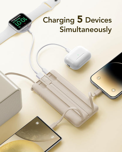 VRURC 10000mAh Power Bank Built-in Cables, Portable Charger with LED Display, Slim Intelligent Travel Battery Pack with Cords, 5 Output Dual Input Phone Charger for Cell Phone Smart Devcies-Blue