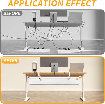 No Drill Under Desk Cable Management, 28" Under Desk Cable Management with Clamp/Screw, Table Under Desk Organizer, Large Cord Organizer Desk Tray for Standing Desks Home Office White