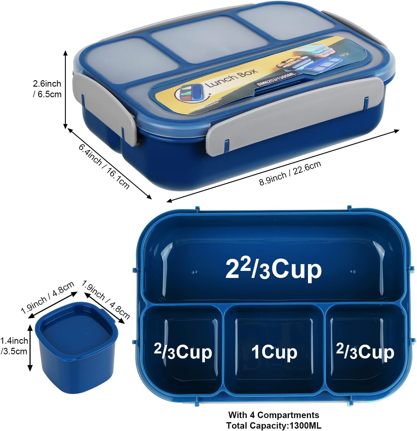MaMix Bento Lunch Box Adult, Kids, Lunch Containers for Adults/Kids/Students,1300ML-4 Compartment (Blue)
