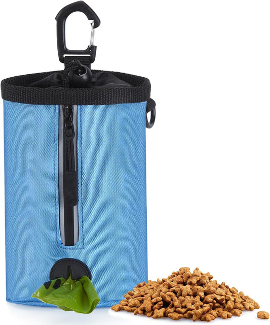 Ownpets Dog Treat Pouch, Pet Training Treat Bag with Drawstring Closure Design, Dog Treat Bag for Dogs Walks,Outdoor Activities, with Poop Bag Dispenser& Reflective Strip, 825ml Capacity (Blue)