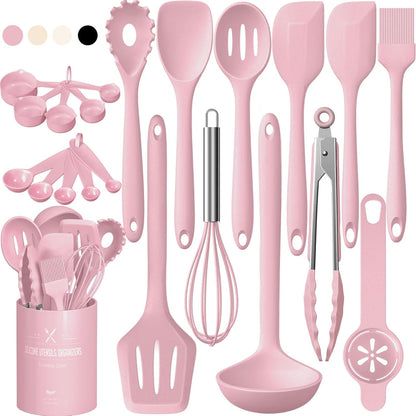 Silicone Kitchen Cooking Utensils Set, Umite Chef 22Pcs Heat Resistant Kitchen Utensils, Spatula, Spoon, Whisk, Dishwasher Safe Kitchen Utensil Gadgets Tools Set for Nonstick Cookware(Khaki)