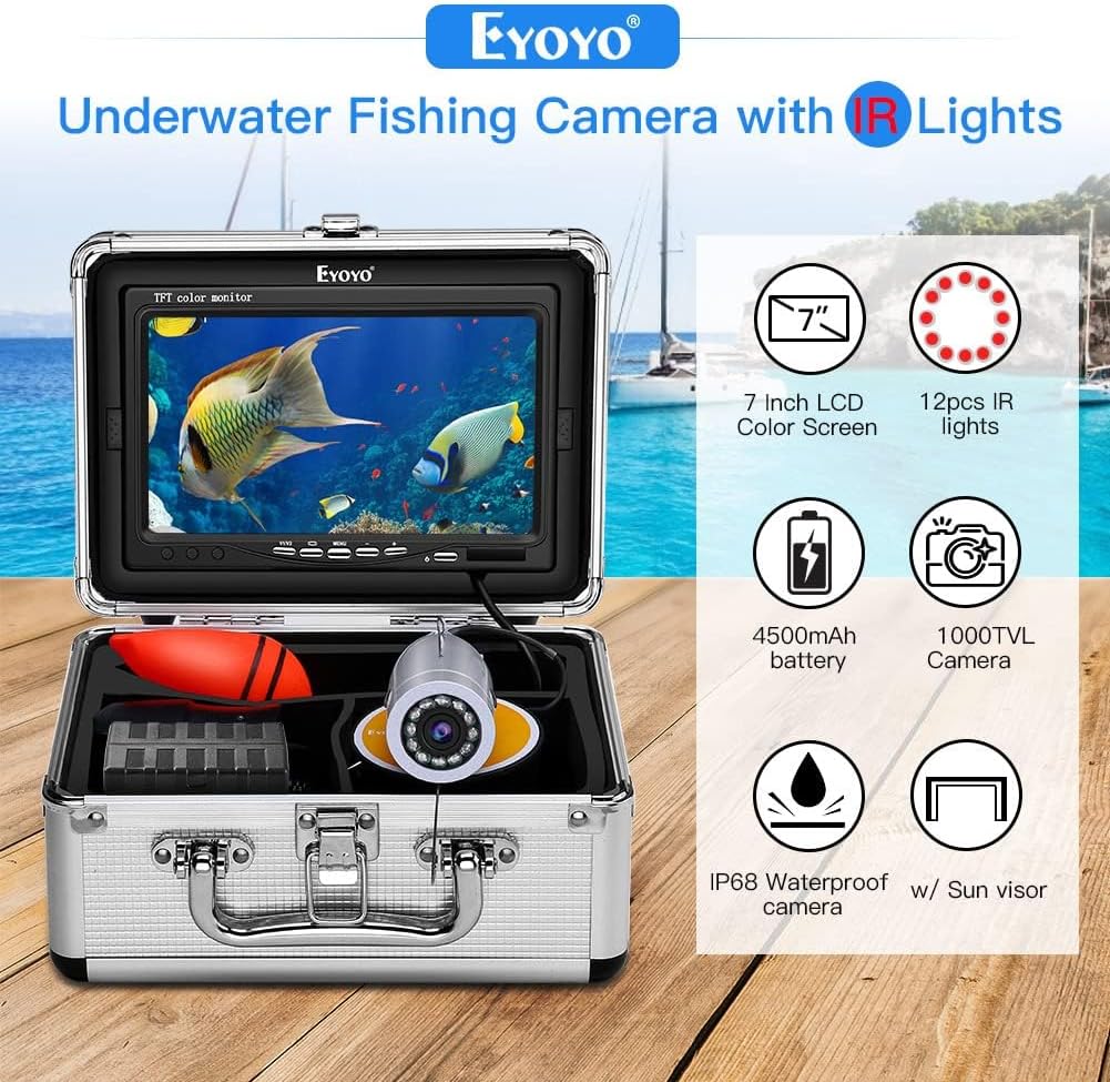 Eyoyo Fishing Camera Video Fish Finder 7 inch LCD Monitor 1000TVL Camera 12pcs IR Lights DVR+8GB with 30m Cable for Ice Lake Boat Fishing
