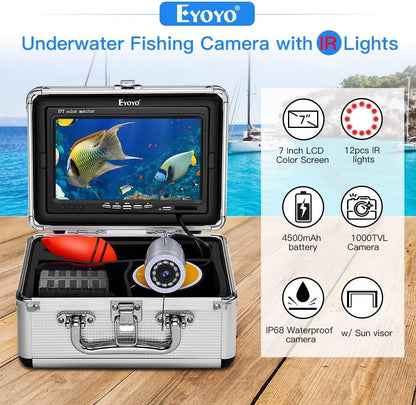 Eyoyo Fishing Camera Video Fish Finder 7 inch LCD Monitor 1000TVL Camera 12pcs IR Lights DVR+8GB with 30m Cable for Ice Lake Boat Fishing