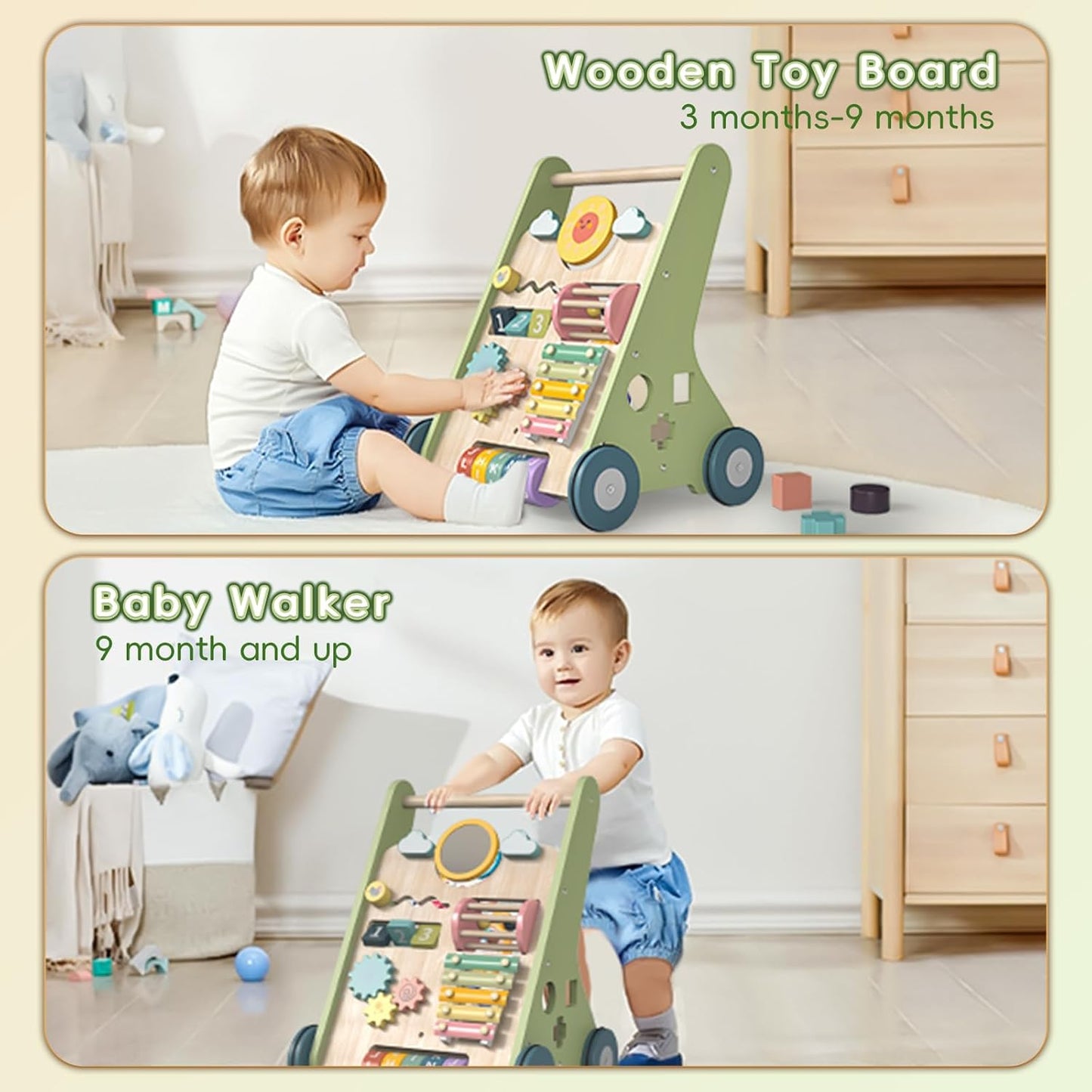 Baby Walker with Wheels for 10 Months+, Push Walker 10-in-1 Activity Center Help Babies Build Balance & Confidence, Wooden Frame, 9 Interactive Toys, Smooth Edges, Non-Toxic Paint, 1st Birthday Gift