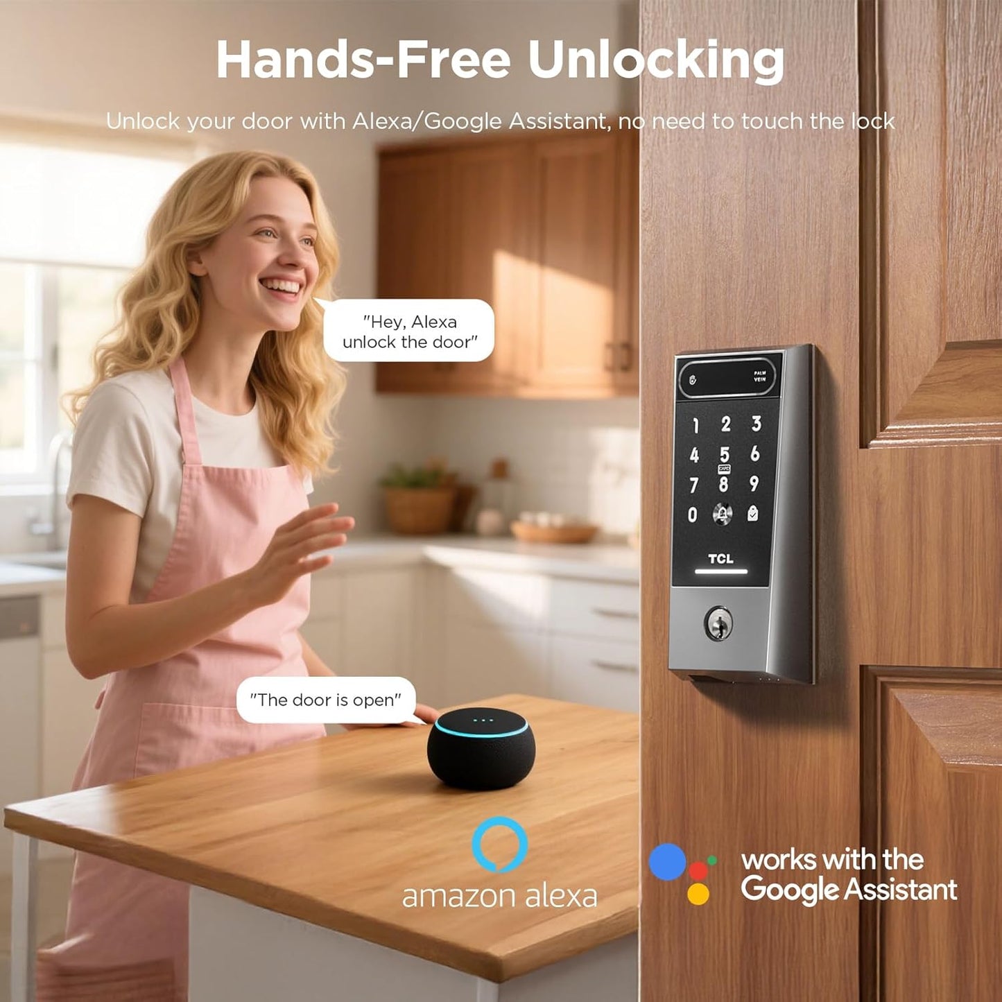 TCL Smart Lock D2 Pro, AI Palm Vein Recognition Built-in Doorbell Door Lock, Keyless Entry Security Electronic Deadbolt for Front Door, Works with Alexa, Auto Lock, Voice Control, Easy Install