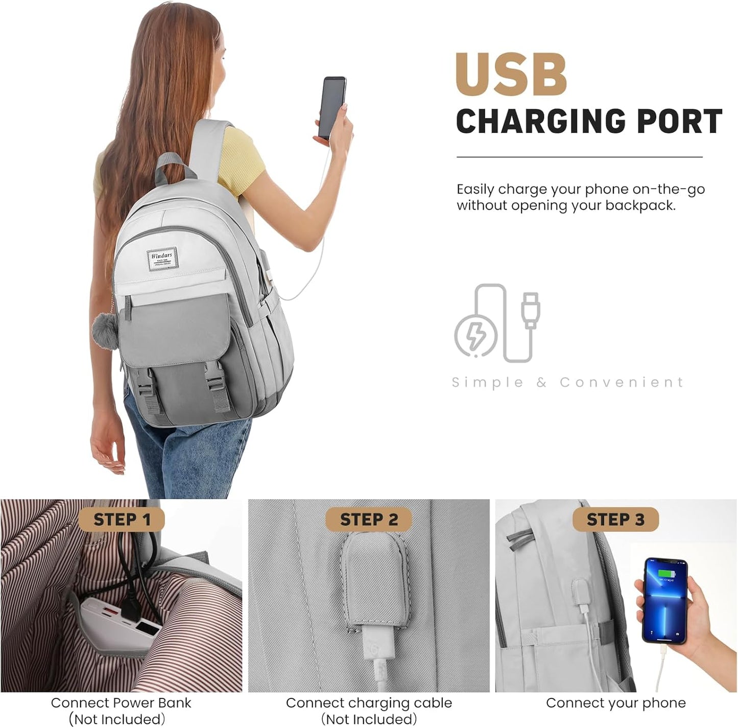 WINDARS School Backpack for Teen Girls, Cute College Backpacks for Women Students Aesthetic Bookbag Large 15.6 Inch Laptop Bag Middle School Travel Back Pack (Khaki Beige)