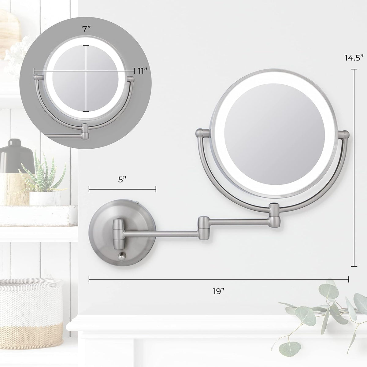 Zadro LED Wall Mount Makeup Mirror with Magnification, 360° Rotation, 48 cm Extension (37cm x 28cm | 5X/1X | Satin Nickel)
