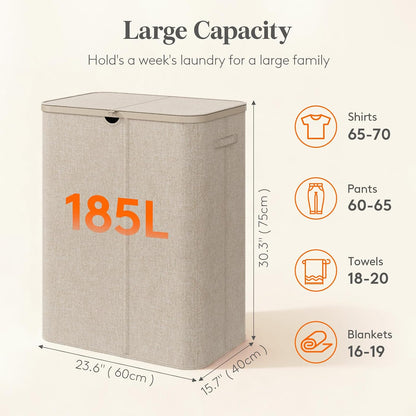 Lifewit 185L Large 3 Section Pop-Up Laundry Hamper with Lid, Beige