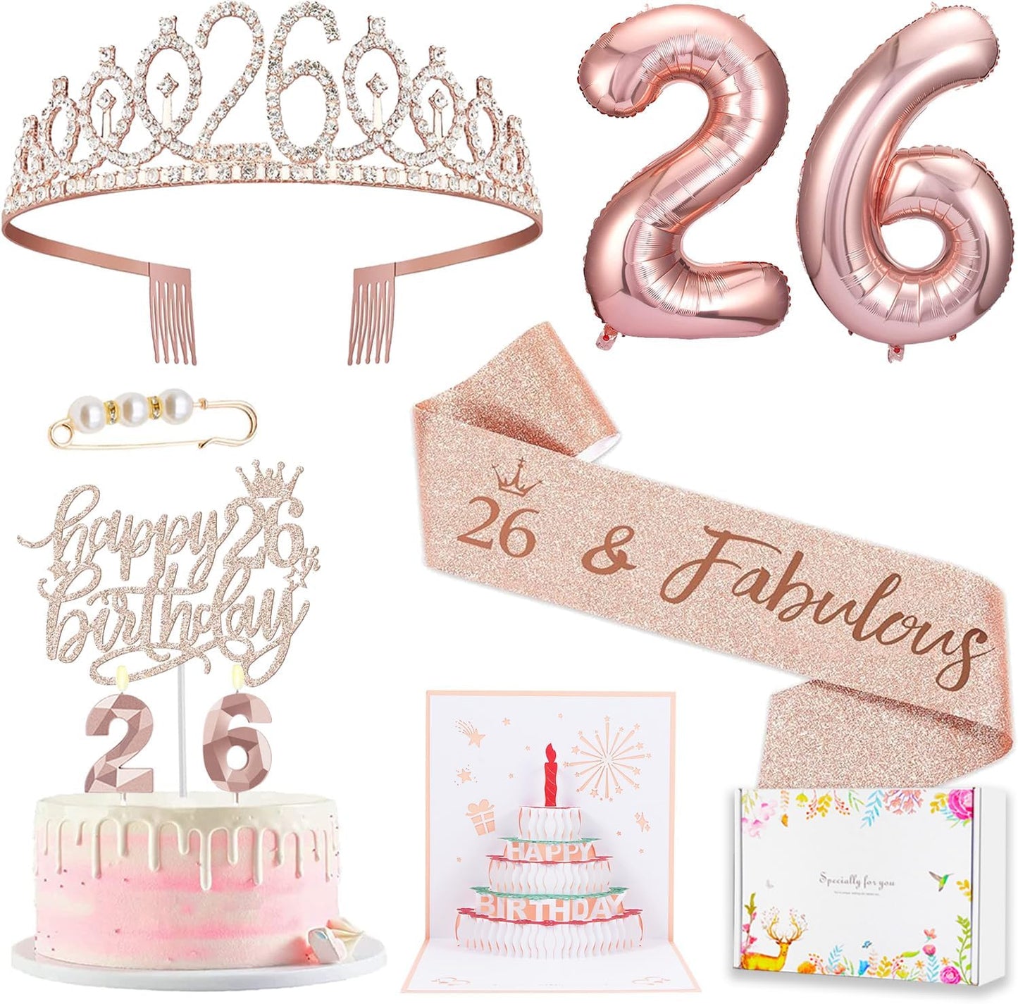 8pcs 40th Birthday Decorations gifts for Women, Including 40th Happy Birthday Cake Topper, Queen Sash with Pearl Pin, Sweet Rhinestone Tiara Crown for Women, Number Candles and Balloons (Rose Gold)