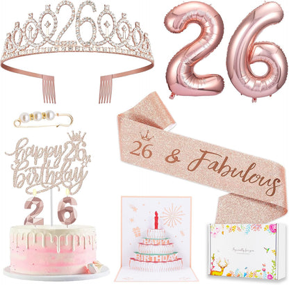 8pcs 40th Birthday Decorations gifts for Women, Including 40th Happy Birthday Cake Topper, Queen Sash with Pearl Pin, Sweet Rhinestone Tiara Crown for Women, Number Candles and Balloons (Rose Gold)