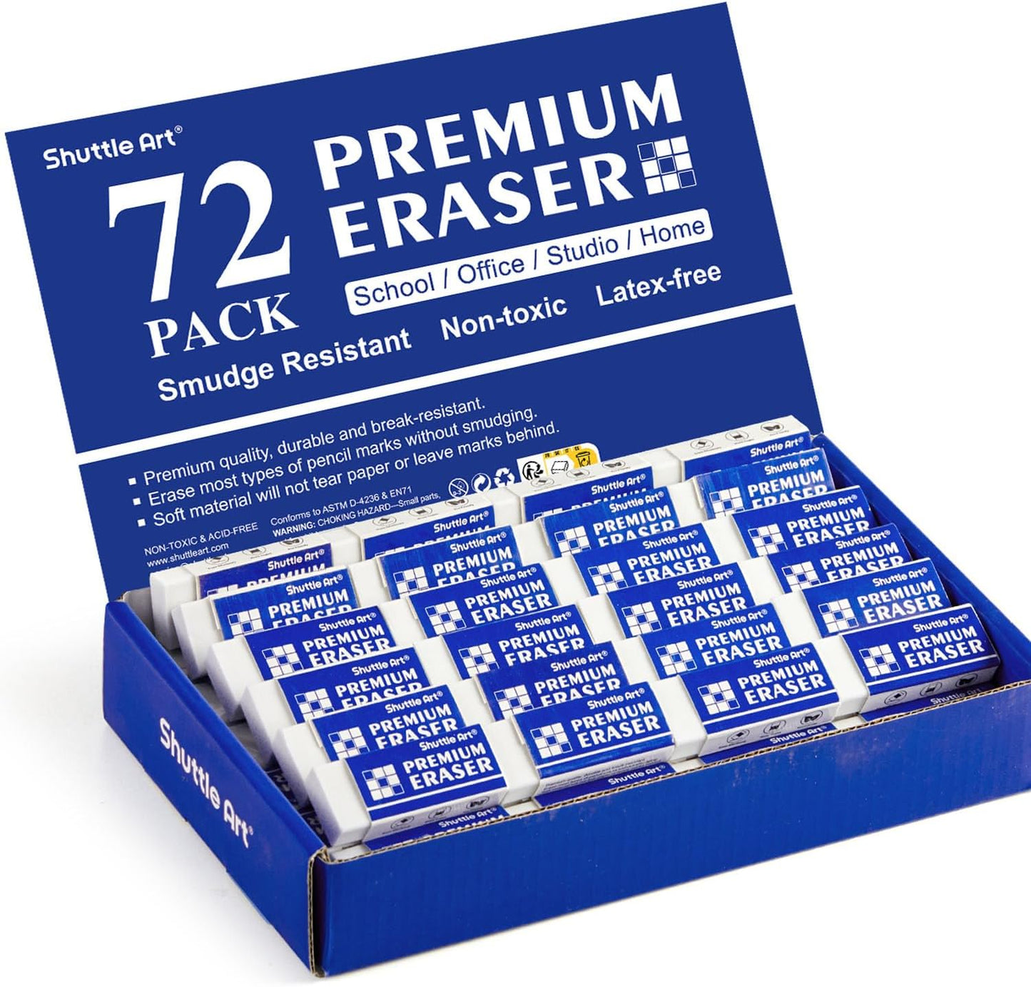 Shuttle Art 72 Pack Premium White Erasers, Bulk Classroom Erasers Set for Kids Teachers as School and Office Supplies