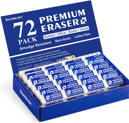 Shuttle Art 72 Pack Premium White Erasers, Bulk Classroom Erasers Set for Kids Teachers as School and Office Supplies