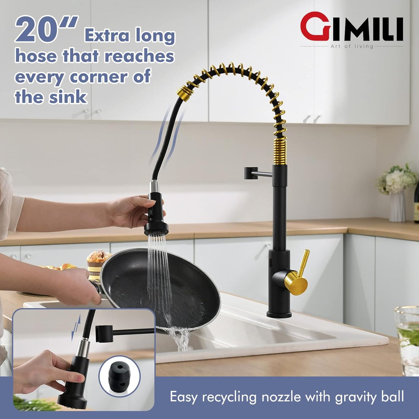 GIMILI Touchless Spring Kitchen Faucet with Pull Down Sprayer, Single Handle Motion Sensor Activated Hands-Free Kitchen Sink Faucet, Single Hole Smart Kitchen Faucet, Solid Brass, Matte Black
