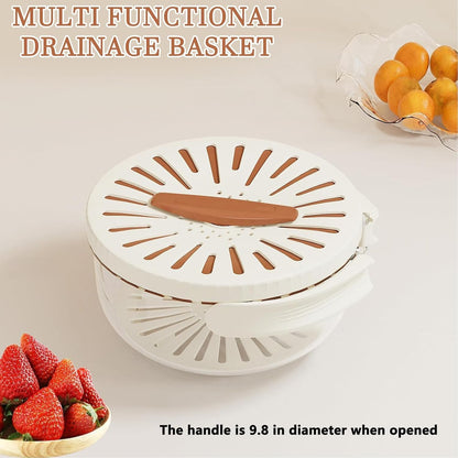 Fruit Vegetable Draining Bowl, Kitchen Strainer with Foldable Handle, Lid, Drain Tray, Rotating Fruit and Vegetable Washing Colander for Salad Mixing, Fruit Washing (White)