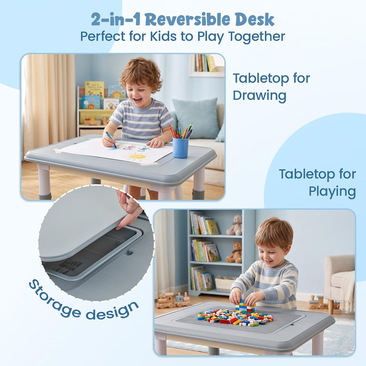 FUNLIO Kids Activity Table, Height Adjustable with Storage, Grey