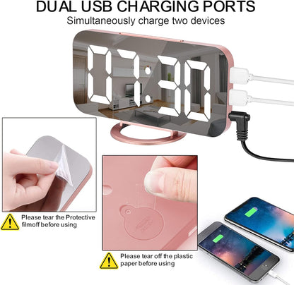 SZELAM Digital Clock Large Display, LED Alarm Electric Clocks Mirror Surface for Makeup with Diming Mode, 3 Levels Brightness, Dual USB Ports Modern Decoration for Home Bedroom Decor-Black