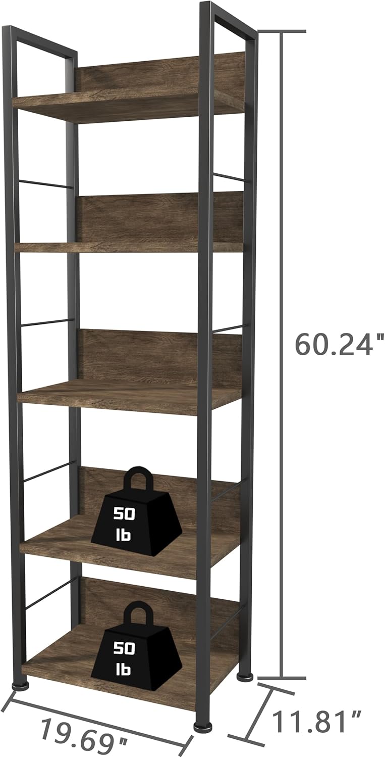 KZZLOL Bookshelf 5 Tier, Corner Bookcase with MDF Board & Metal Frame, Industrial Book Shelf Decor for Living Room, Study, Kitchen ,Bedroom Storage (Dark Brown)