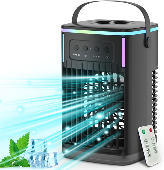 Portable Air Conditioners Fan with Remote, 4-in-1 Portable AC with 1500ml Water Tank, 3 Wind Speeds, 6H Timer, 2 Cool Mist, 7 Lights, Personal Mini Air Conditioner for Room Bedroom Office (Black)