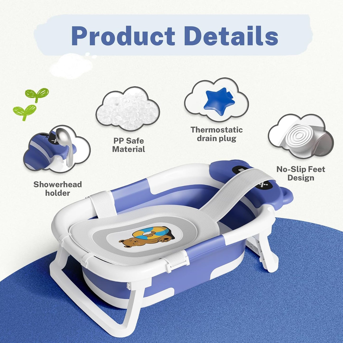 AVIDOR Baby Bathtub, Collapsible Baby Bathtub for Newborn to Toddler, Foldable Newborn Bathtub, Portable Infant Bath Tub for Travel with Soft Cushion, No-Slip Feet, Navy Blue