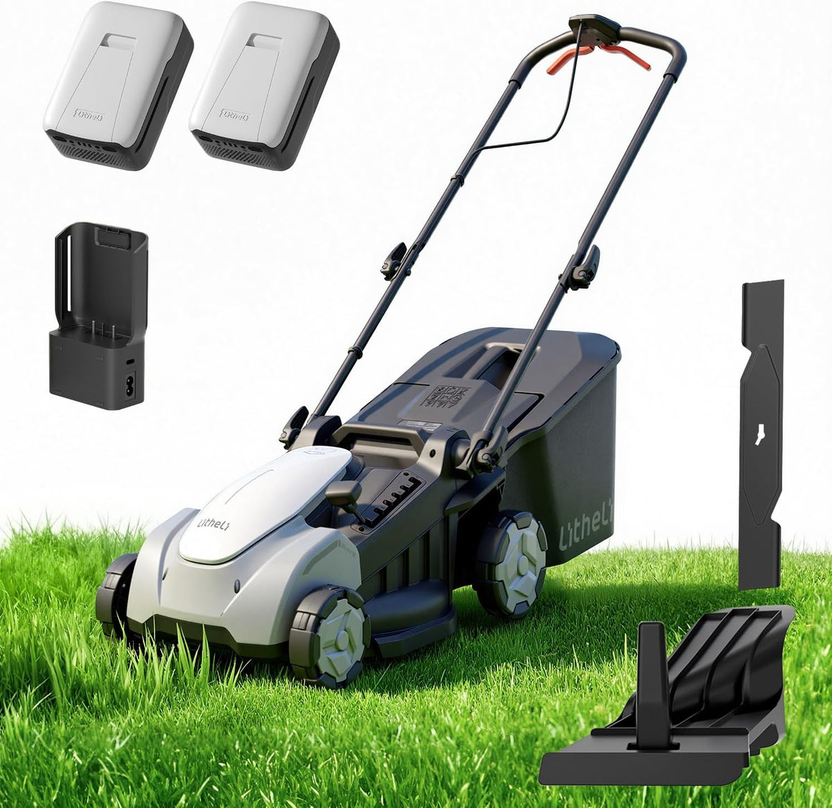 Litheli 40V Cordless Lawn Mower 16″, Brushless Motor, 6 Cutting Heights (25-75mm), 50L Bagging & Mulching, Includes 2×5.0Ah Batteries & Charger
