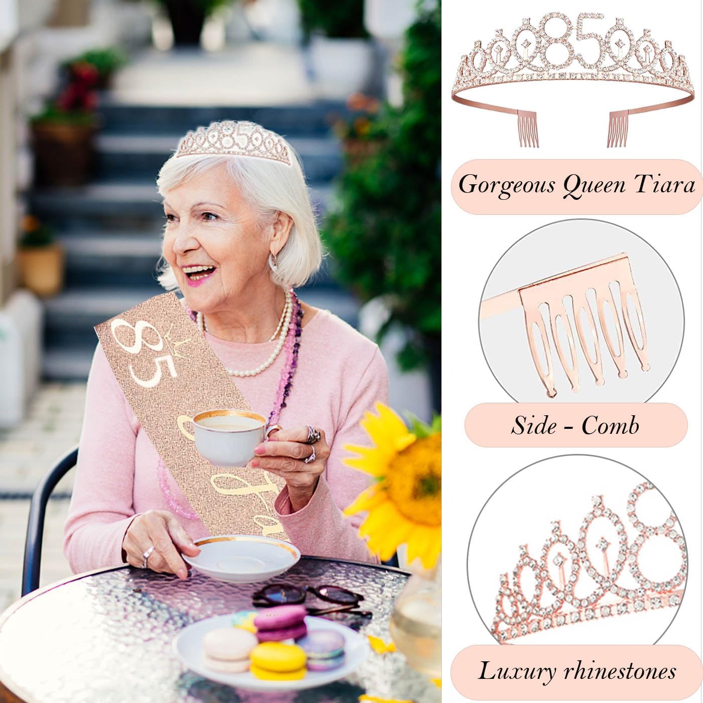 8pcs 40th Birthday Decorations gifts for Women, Including 40th Happy Birthday Cake Topper, Queen Sash with Pearl Pin, Sweet Rhinestone Tiara Crown for Women, Number Candles and Balloons (Rose Gold)