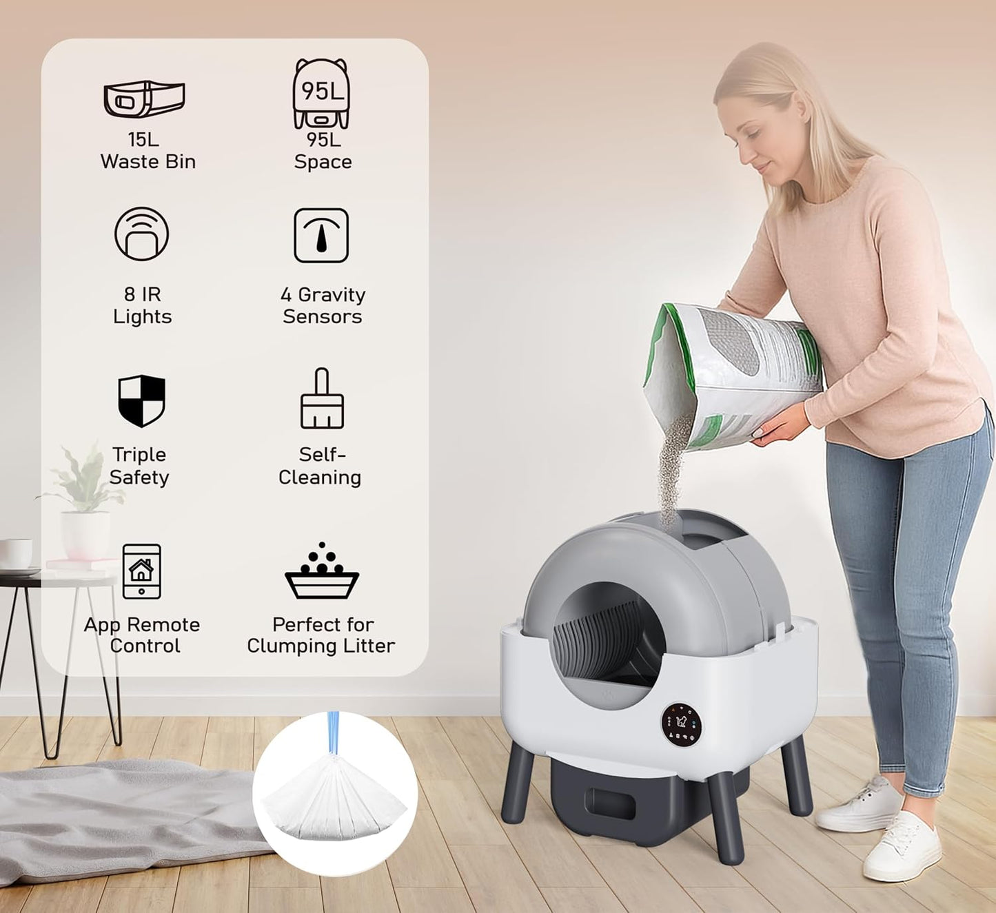 Self-Cleaning Cat Litter Box, Extra Large 110L Automatic Litter Box, App Control-No Scoop, Odor-Free, Large Electric Kitty Litter-Boxes for Multi-Cat, Includes Mat, 2 Garbage Bags