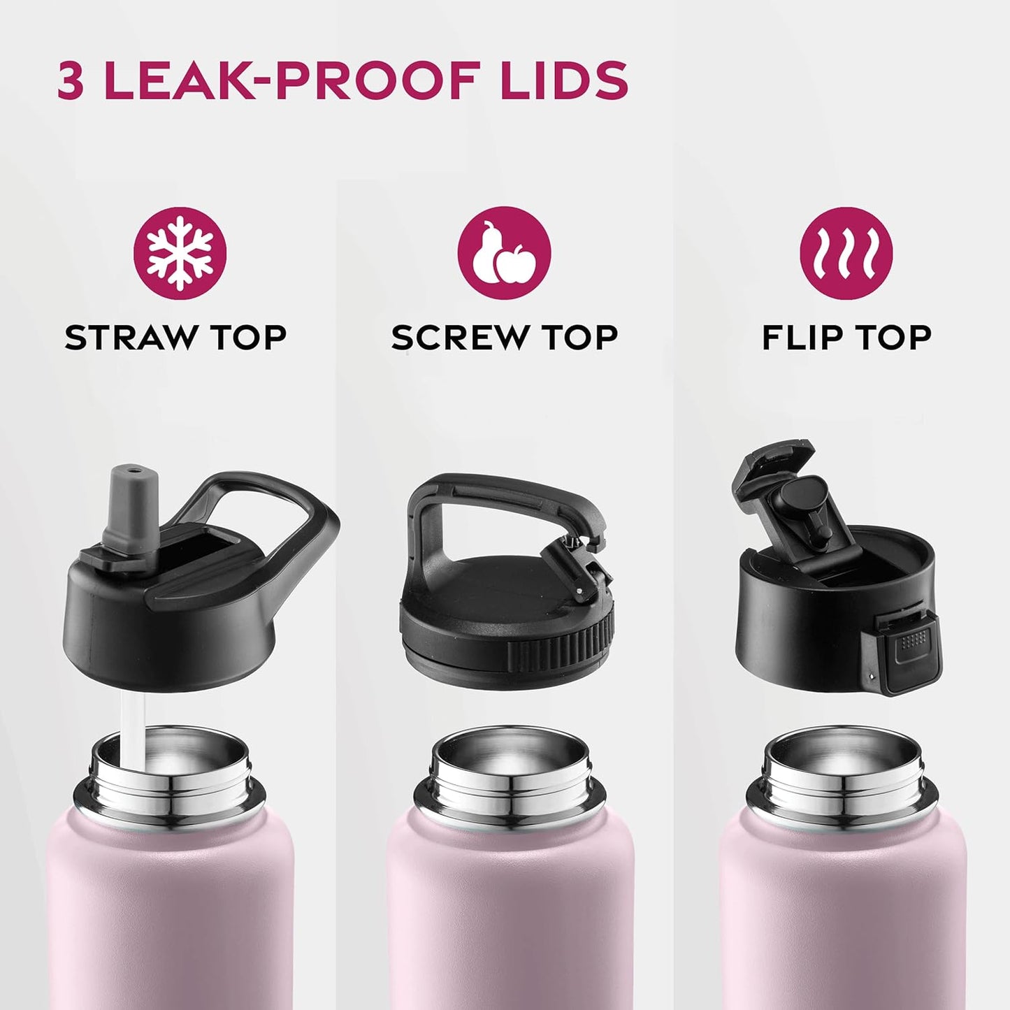 FineDine Water Bottle - Stainless Steel Insulated Water Bottle with Straw Lid, Flip Lid & Wide-Mouth Cap - Keeps Hot and Cold - 25 Oz / 739ml - Pure Pearly White