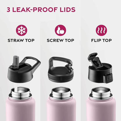 FineDine Water Bottle - Stainless Steel Insulated Water Bottle with Straw Lid, Flip Lid & Wide-Mouth Cap - Keeps Hot and Cold - 25 Oz / 739ml - Pure Pearly White