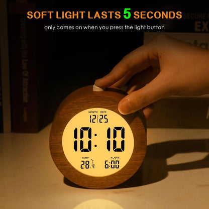 Plumeet Wooden Digital Alarm Clock for Bedrooms, Wood 4'' Battery Powered Alarm Clock with Snooze and Nightlight, Electronic LCD Desk Clock Display Time, Date, Temp, 12/24H, Wood Décor (Sapele, 3.2'')