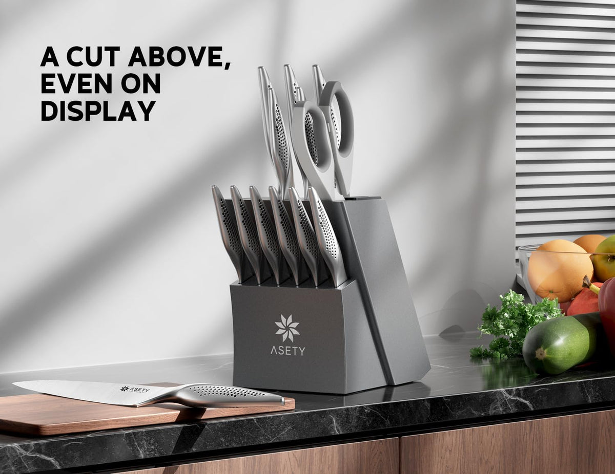 ASETY Knife Block Set, 15 PCS Knives Set for Kitchen, Stainless Steel