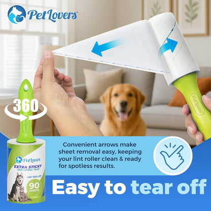 PetLovers Extra Sticky Lint Roller Mega Value Set for Pet Hair Removal, Dog and Cat Lint Remover (1 Pack Reusable)