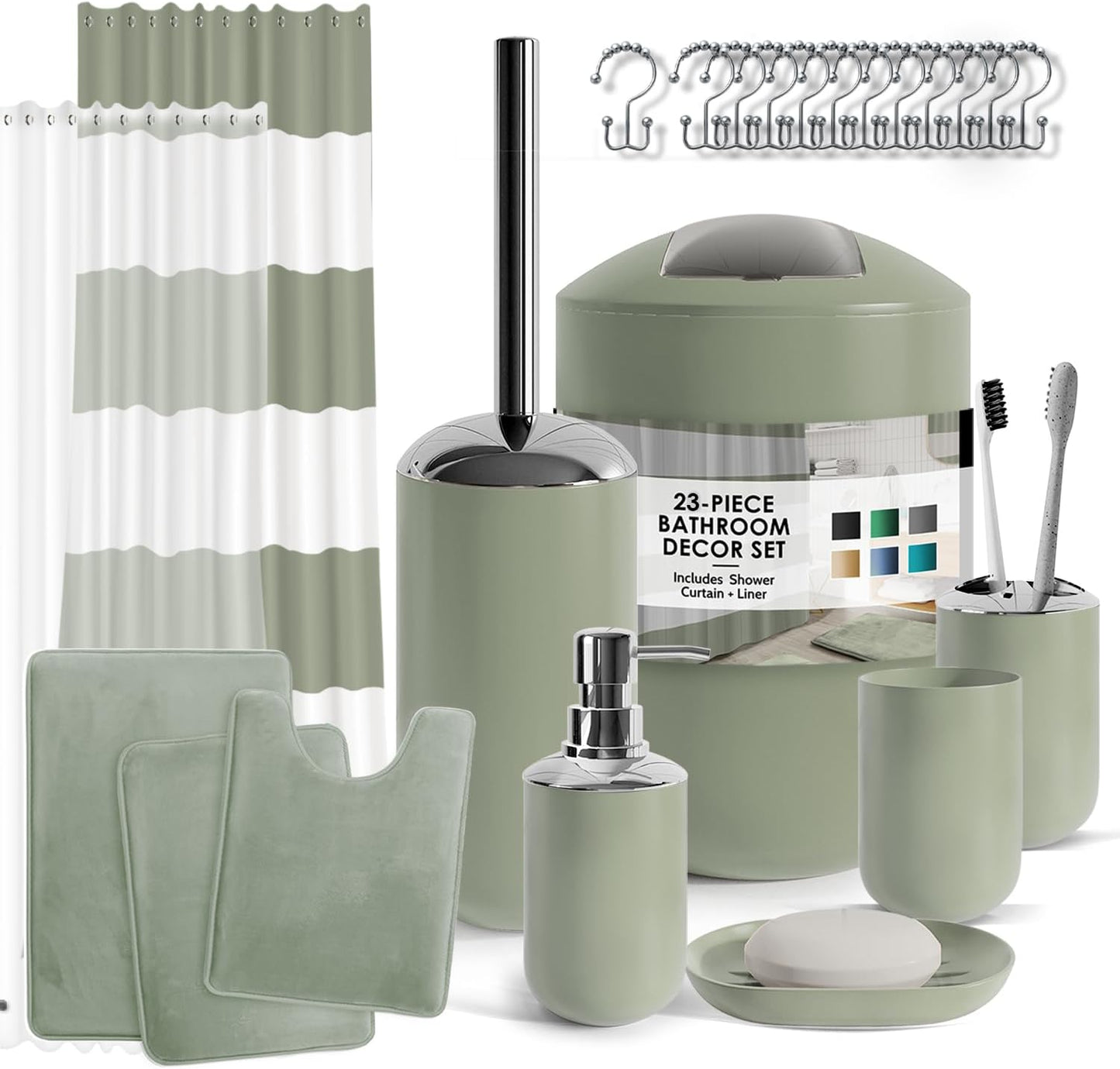 Clara Clark Bathroom Set - Gray Bathroom Accessories Set, Bathroom Sets with Shower Curtain and Rugs, 23PC Shower Curtain Set with Liner, Soap Dispenser, Soap Dish, Toilet Brush Holder, and Trash Can
