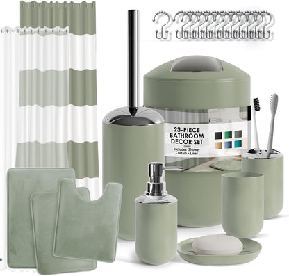 Clara Clark Bathroom Set - Gray Bathroom Accessories Set, Bathroom Sets with Shower Curtain and Rugs, 23PC Shower Curtain Set with Liner, Soap Dispenser, Soap Dish, Toilet Brush Holder, and Trash Can