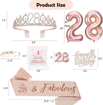 8pcs 40th Birthday Decorations gifts for Women, Including 40th Happy Birthday Cake Topper, Queen Sash with Pearl Pin, Sweet Rhinestone Tiara Crown for Women, Number Candles and Balloons (Rose Gold)